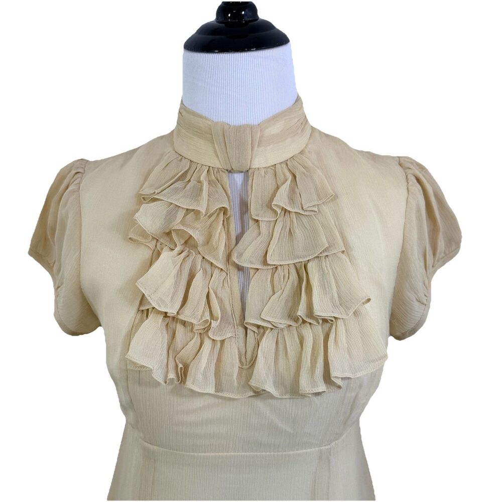 Nanette Lepore VTG Blouse 0 100% Silk Crinkle Cream Victorian Ruffle Fitted Zip - Picture 6 of 16